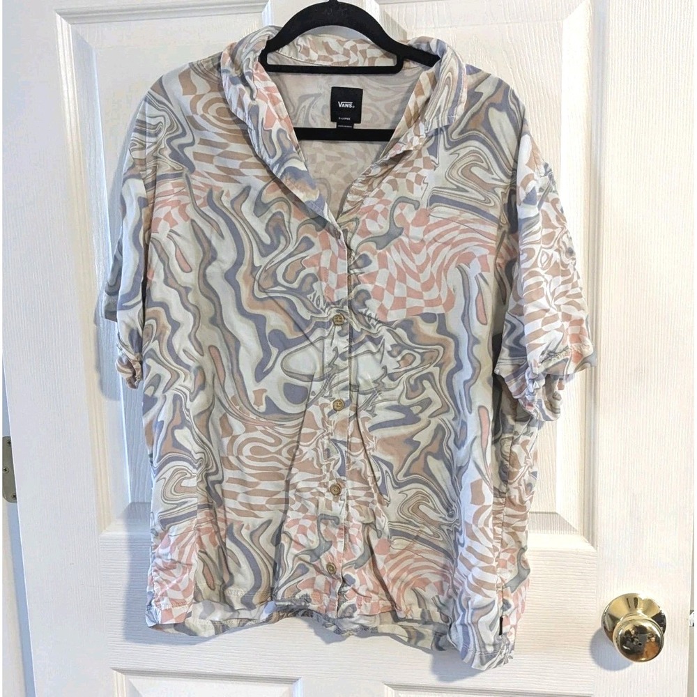 Psychedelic Abstract Y2K Vans Button Up Shirt Men's XL Topographic Print‎